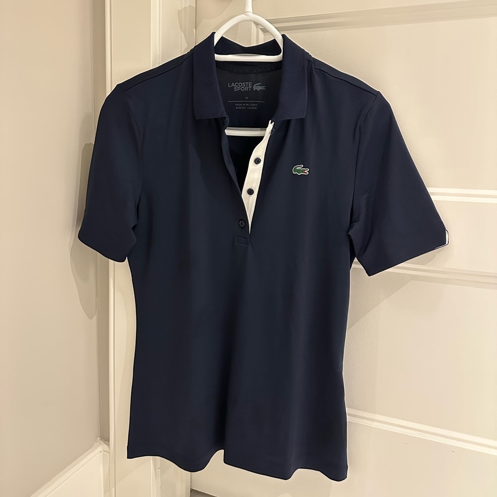 Lacoste Navy Blue Polo with White Trim and Green Croc Logo